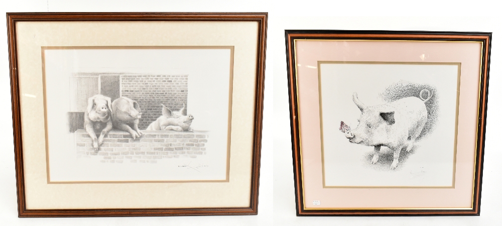 WILLIAM GELDART; two pencil signed limited edition prints depicting pigs, 387/600 and 406/750,