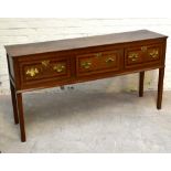 A late 18th century oak dresser, the rectangular top above three drawers with mahogany crossbanding,