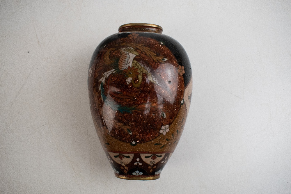 A pair of Japanese cloisonne vases of ovoid form decorated with stylised mythical birds, height - Image 4 of 6