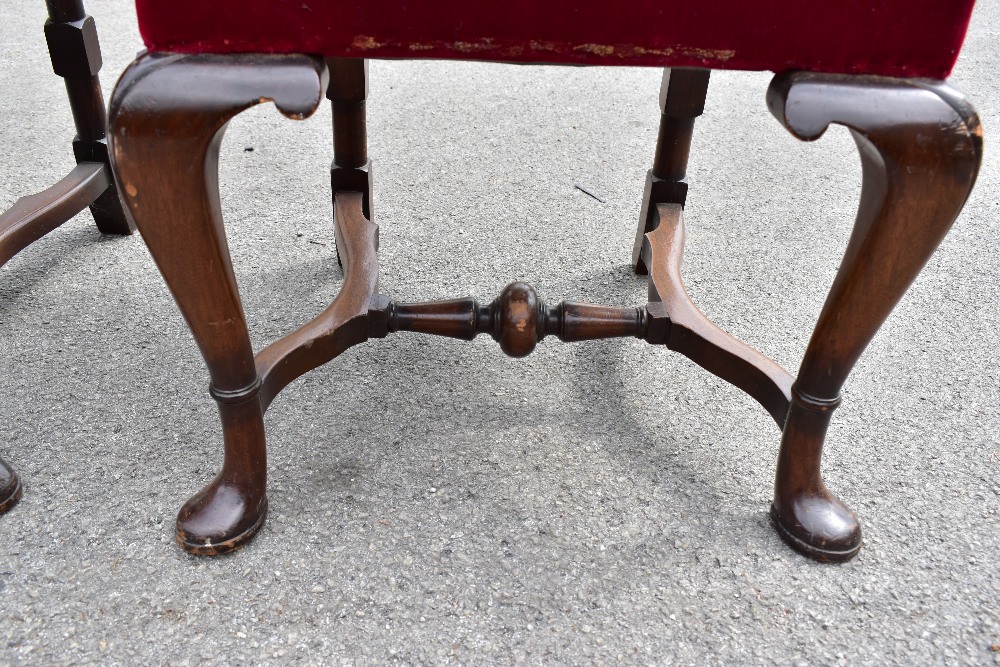 A set of five early 20th century mahogany framed high back dining chairs, upholstered in a red - Image 3 of 3