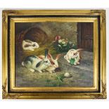 N FOXMAN; oil on board, four rabbits in farmyard setting, signed lower right, 49 x 59cm, moulded