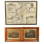 JOHN SPEED; a map of Caernarfon, 39.5 x 52.5cm, framed and glazed, and two 19th century rural prints