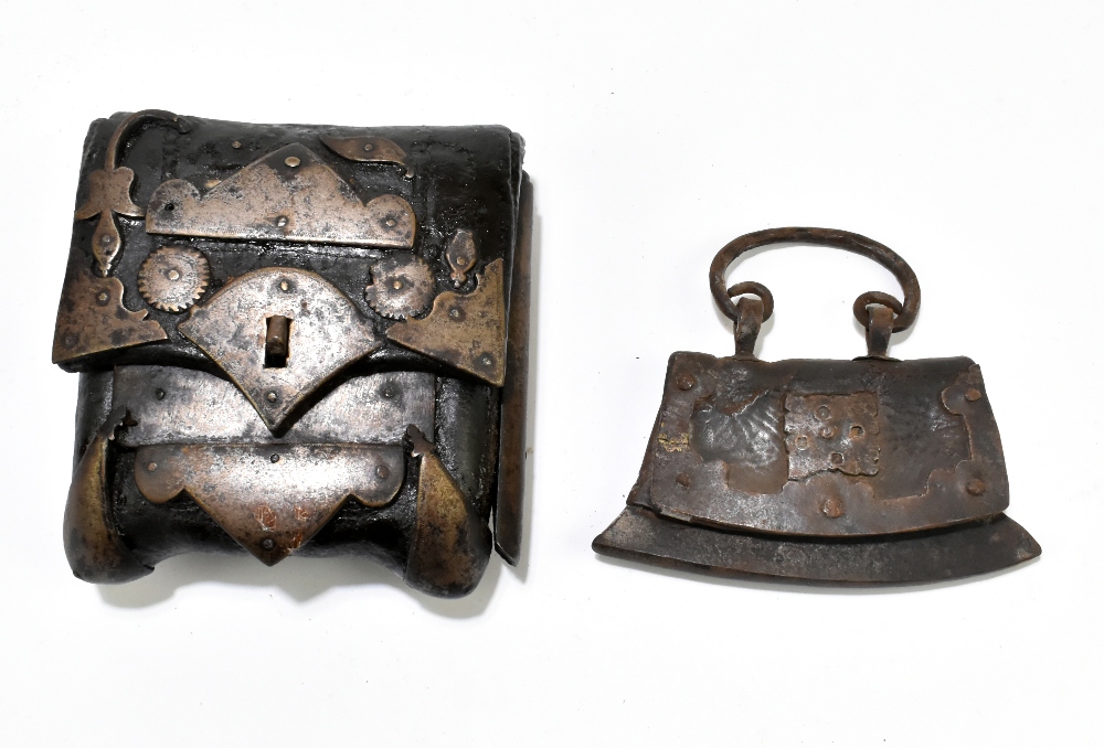 Two 19th century or earlier leather and iron/steel dispatch pouches, the larger 11.5 x 10.5cm (2).