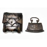 Two 19th century or earlier leather and iron/steel dispatch pouches, the larger 11.5 x 10.5cm (2).