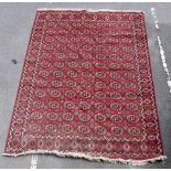 A large eastern style Bokhara type carpet decorated with stylised motifs on a red ground, 350 x