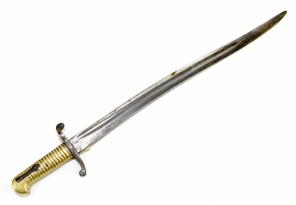 A late 19th/early 20th century Chassepot-type bayonet, the fullered blade bearing bust of knight