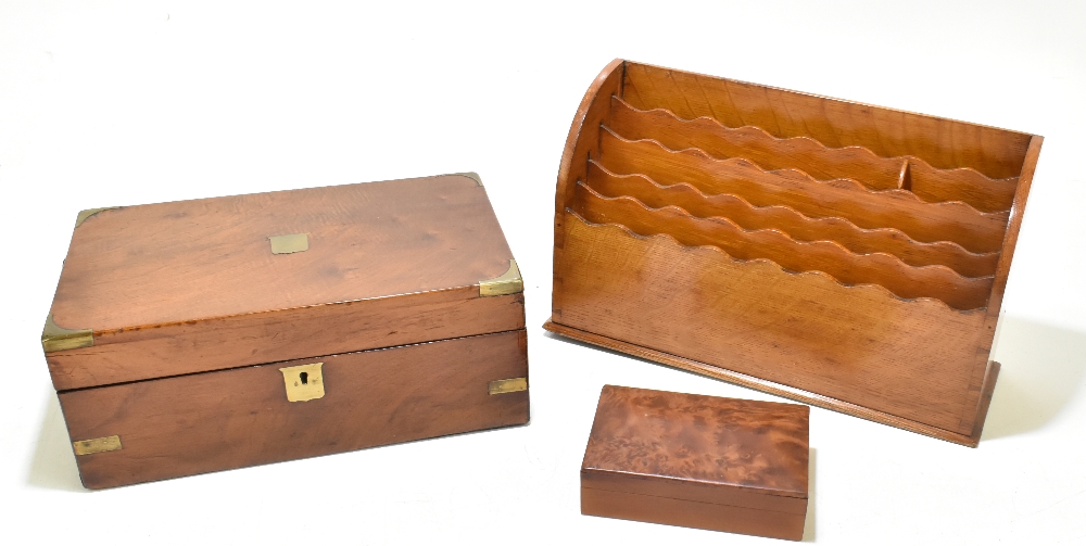 A 19th century mahogany and brass bound writing slope with single glass inkwell, an oak letter