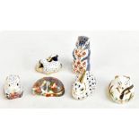 ROYAL CROWN DERBY; six animal form paperweights including cats and kitten, and 'Poppy Mouse' (6).