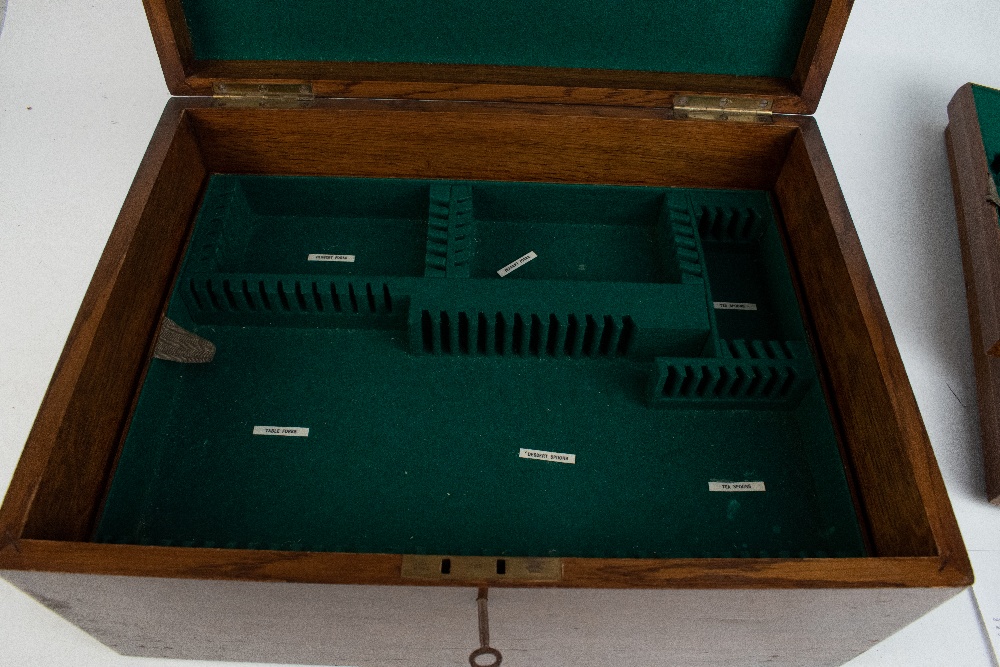 A early 20th century oak cased canteen, the hinged cover enclosing four empty trays, length 49cm. - Image 7 of 8