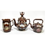 BARGEWARE; three pieces of 19th century ceramics to include teapot and cover, a jug of oval form,