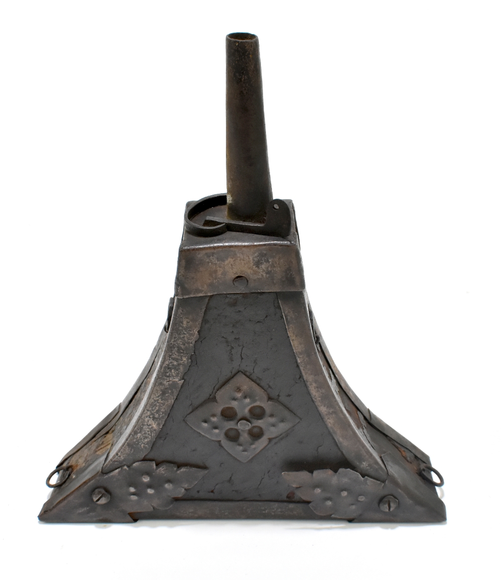 An unusual 19th century steel and leather bound powder flask with applied detail to the front, 23.