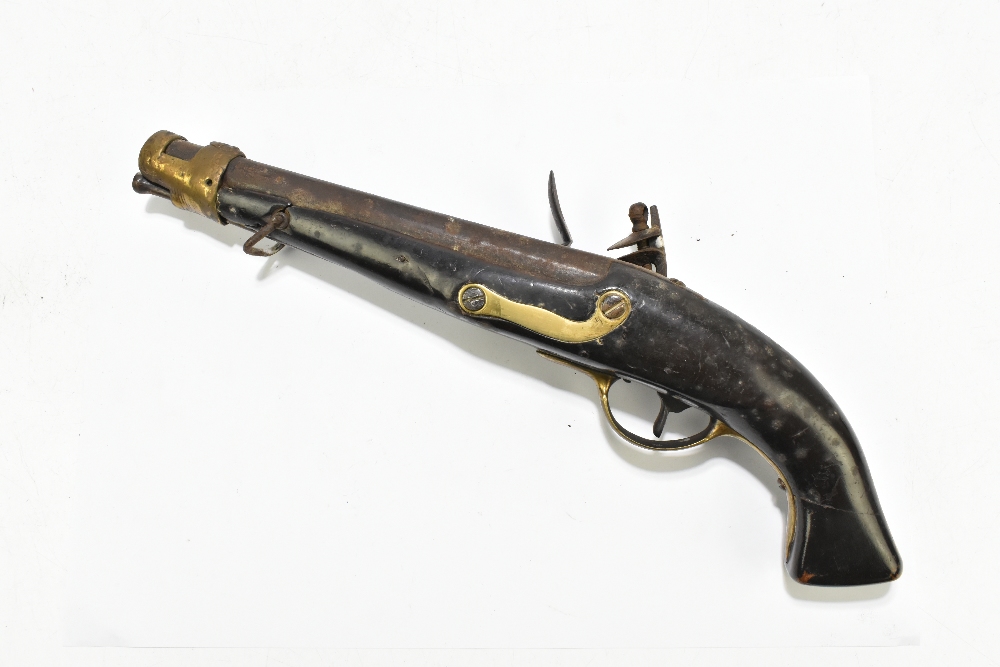 A 19th century flintlock pistol with 9" barrel, mounted on a dark stained stock and mounted with - Image 7 of 11