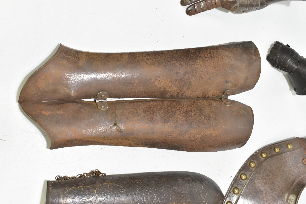 A group of steel armour sections comprising a collar with brass studs, a hinged vambrace, an - Image 3 of 7