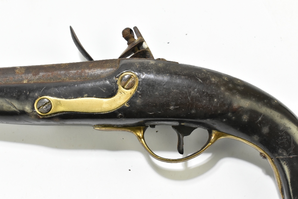 A 19th century flintlock pistol with 9" barrel, mounted on a dark stained stock and mounted with - Image 9 of 11