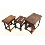 A 17th century style carved oak joint stool, on turned legs, height 46cm, width 45.5cm, depth