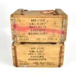 Two wooden ammunition boxes with stenciled lables '[...] CAL. 0.303 ball mk 72 5 rd clips Bandoleers