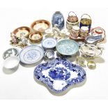 A collection of English and Oriental ceramics including a jasperware biscuit barrel with brass