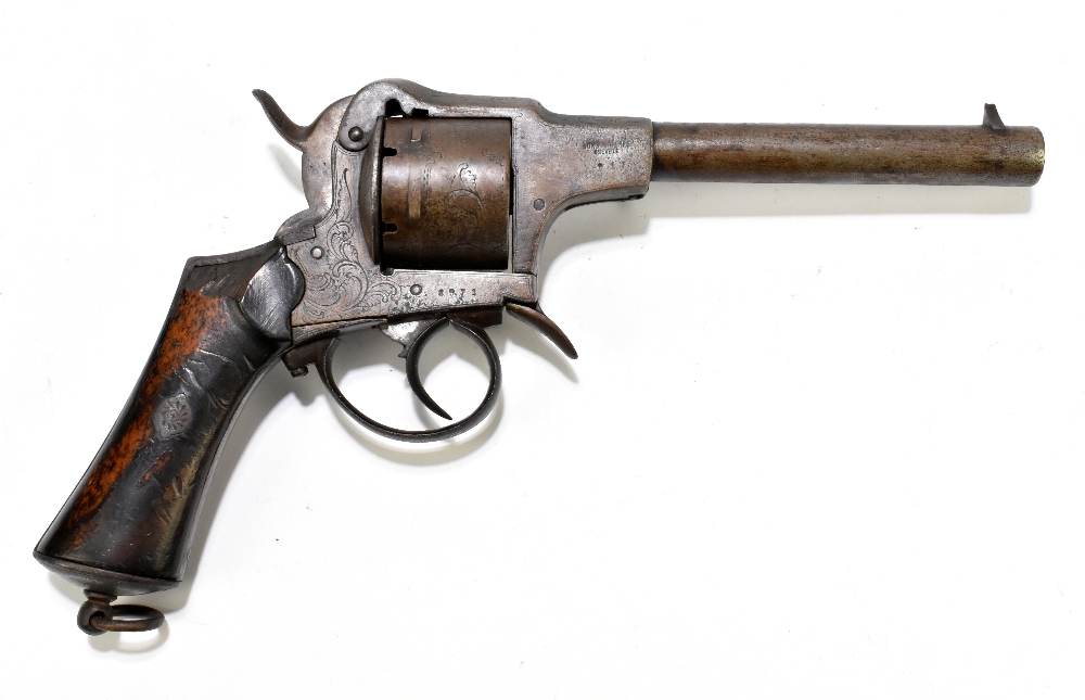 A late 19th/early 20th century Belgian pinfire revolver, the frame indistinctly signed with the