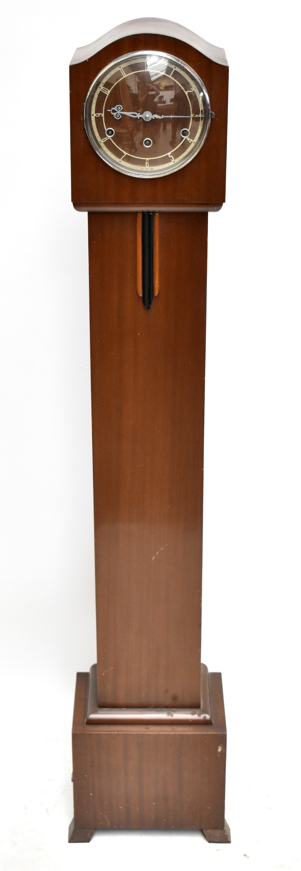 An Art Deco mahogany grandmother clock, with applied geometric detail and applied chaptering, raised
