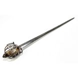 A circa 18th century Scottish basket hilt broadsword, blade length 82cm, with horn grip (lacking