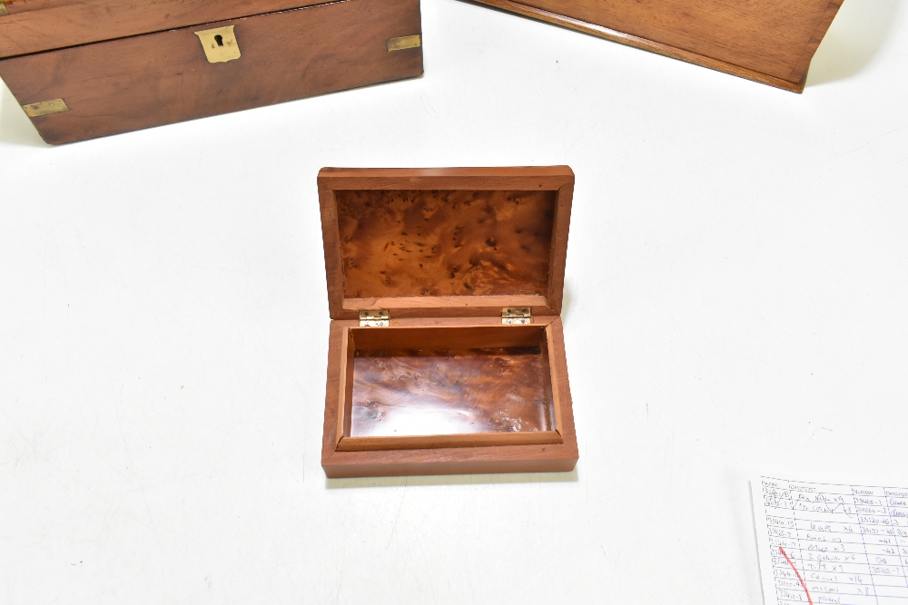 A 19th century mahogany and brass bound writing slope with single glass inkwell, an oak letter - Image 2 of 3