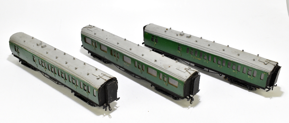 Three kit or scratch built wooden bodied Southern Railway coaches with electric multiple units