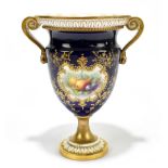 CHIVERS for ROYAL WORCESTER; a twin handled pedestal vase, painted with fruit inside gilt