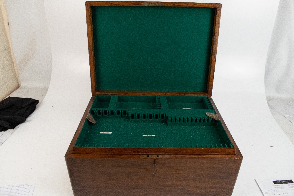 A early 20th century oak cased canteen, the hinged cover enclosing four empty trays, length 49cm. - Image 5 of 8