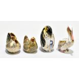 ROYAL CROWN DERBY; four animal form paperweights including 'White Pelican' no.313-5000, 'Farmyard