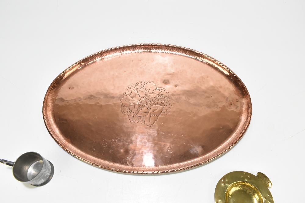 HUGH WALLACE; an Arts & Crafts oval copper tray, engraved with a central fruiting vine motif, - Image 2 of 6