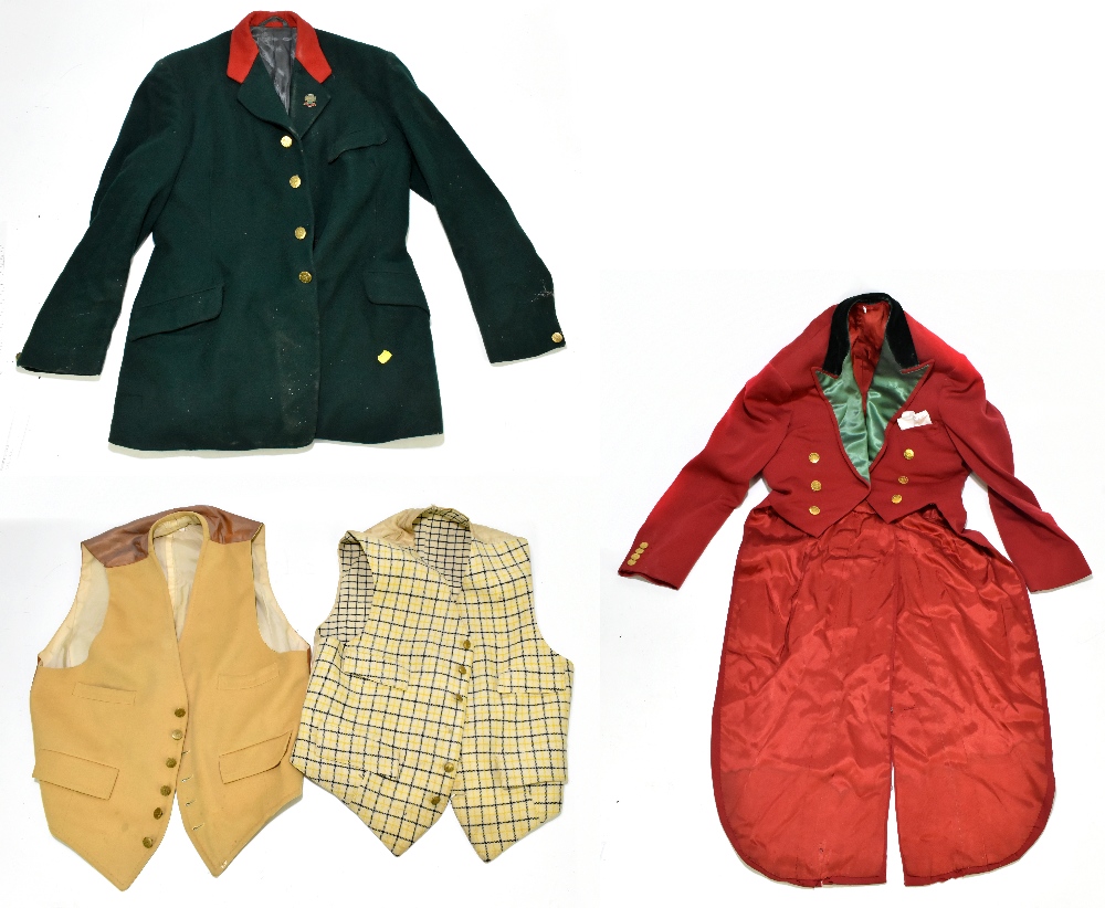 A hunting outfit comprising red jacket, green jacket and two mustard waistcoats. Provenance: The
