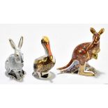 ROYAL CROWN DERBY; three animal form paperweights comprising 'Kangaroo' from the Australian