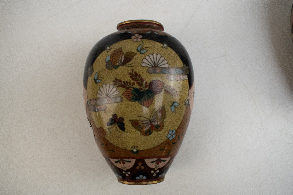 A pair of Japanese cloisonne vases of ovoid form decorated with stylised mythical birds, height - Image 5 of 6