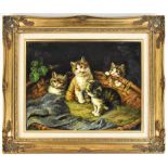 R FLINT; oil on board, four kittens with three in a basket, signed lower right, 29.4 x 39.3cm, in