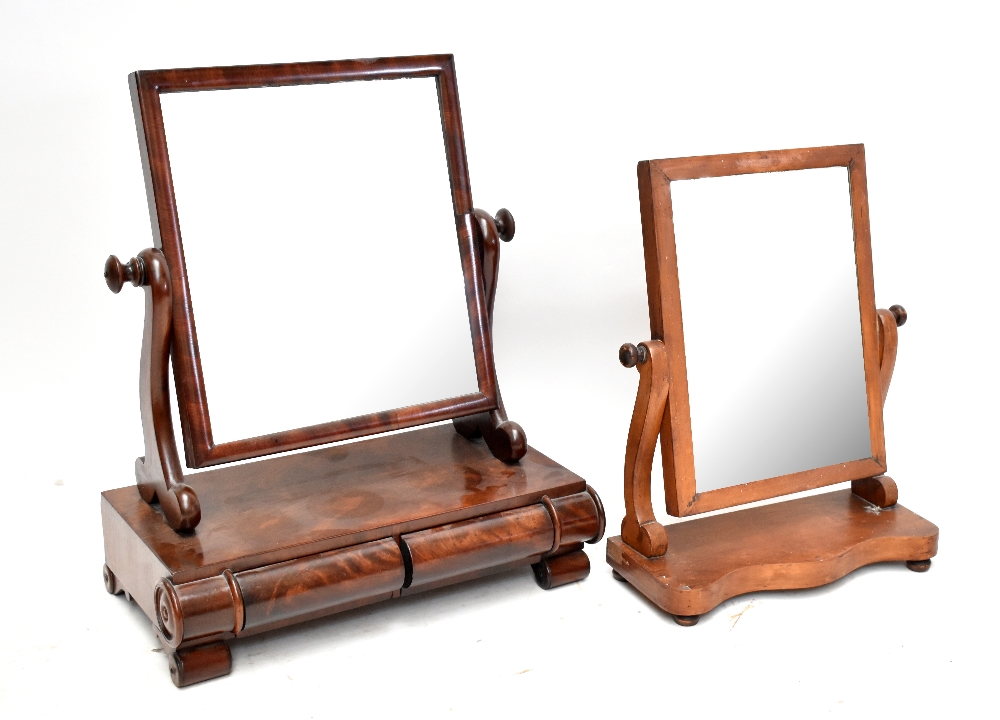 A 19th century mahogany swing dressing table mirror, with two base drawers, height 61cm, width 52,