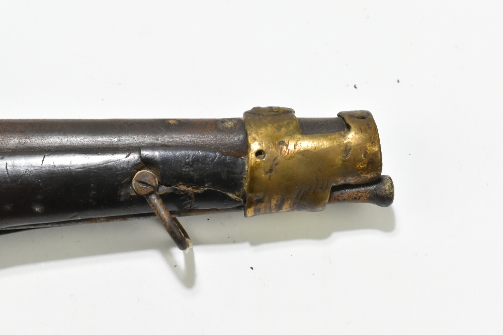 A 19th century flintlock pistol with 9" barrel, mounted on a dark stained stock and mounted with - Image 3 of 11