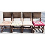 A harlequin set of four 19th century oak framed dining chairs, upholstered with floral seat