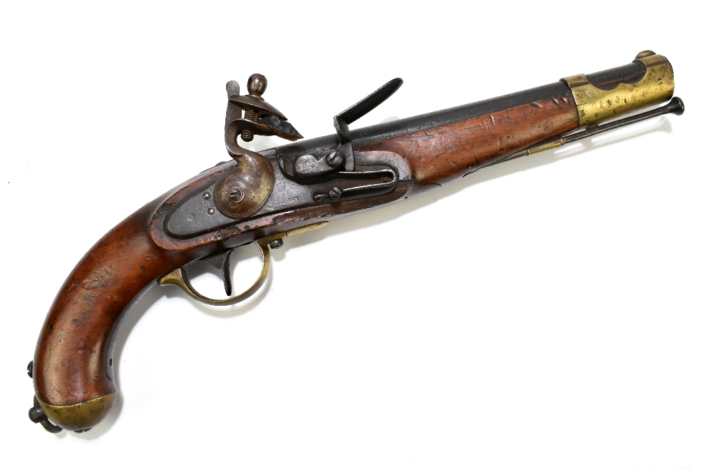 A 19th century Belgian flintlock pistol with 9.5" barrel, plain lock plate stamped '853' and
