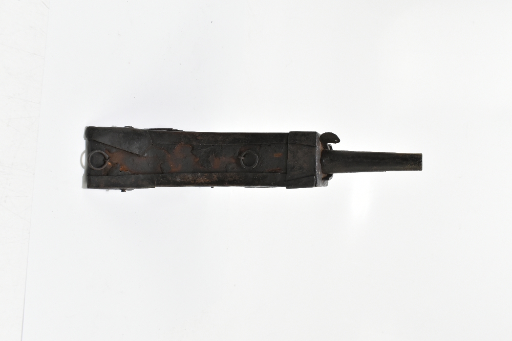 An unusual 19th century steel and leather bound powder flask with applied detail to the front, 23. - Image 2 of 6