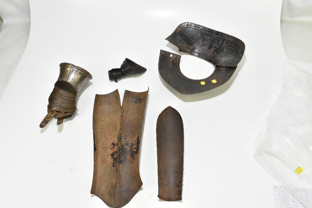 A group of steel armour sections comprising a collar with brass studs, a hinged vambrace, an - Image 7 of 7