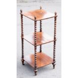 A 19th century rosewood three tier whatnot of small proportions, with acorn shaped finials and