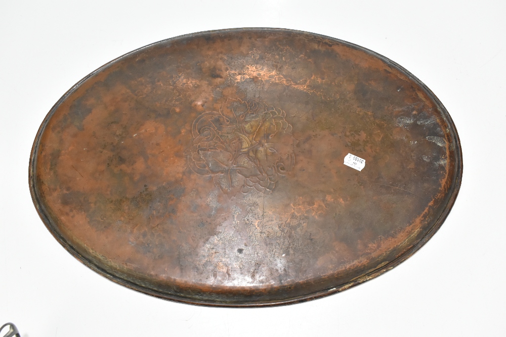 HUGH WALLACE; an Arts & Crafts oval copper tray, engraved with a central fruiting vine motif, - Image 6 of 6