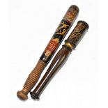 Two 19th century truncheons, the smaller and earlier William IV example with painted and gilt