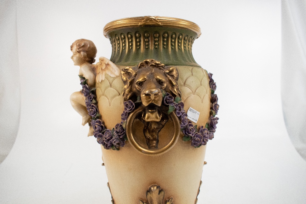 AMPHORA; an Austrian bisque porcelain vase of tapered form with applied winged cherub, moulded - Image 5 of 8