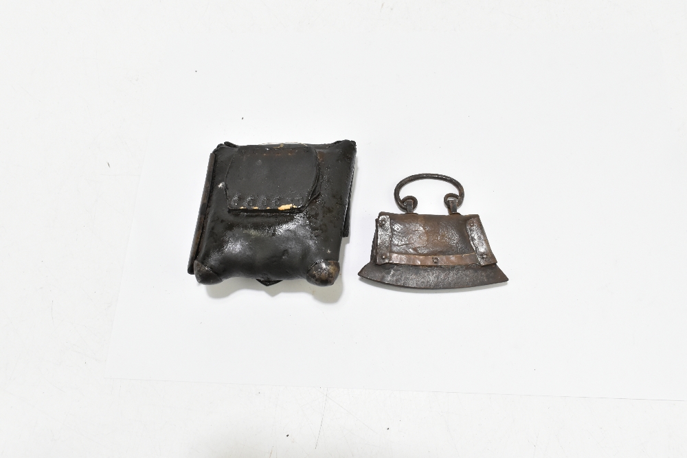 Two 19th century or earlier leather and iron/steel dispatch pouches, the larger 11.5 x 10.5cm (2). - Image 2 of 3