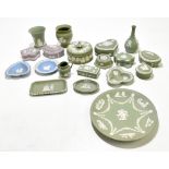 WEDGWOOD; a collection of jasperware to include lilac trinket box and cover, green candle holder,