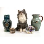 A collection of assorted ceramics including a Winstanley model of a cat with glass eyes, height