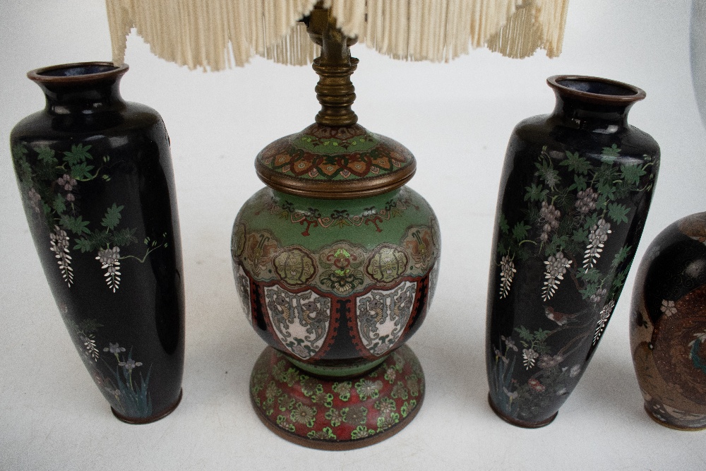 A pair of Japanese cloisonne vases of ovoid form decorated with stylised mythical birds, height - Image 3 of 6