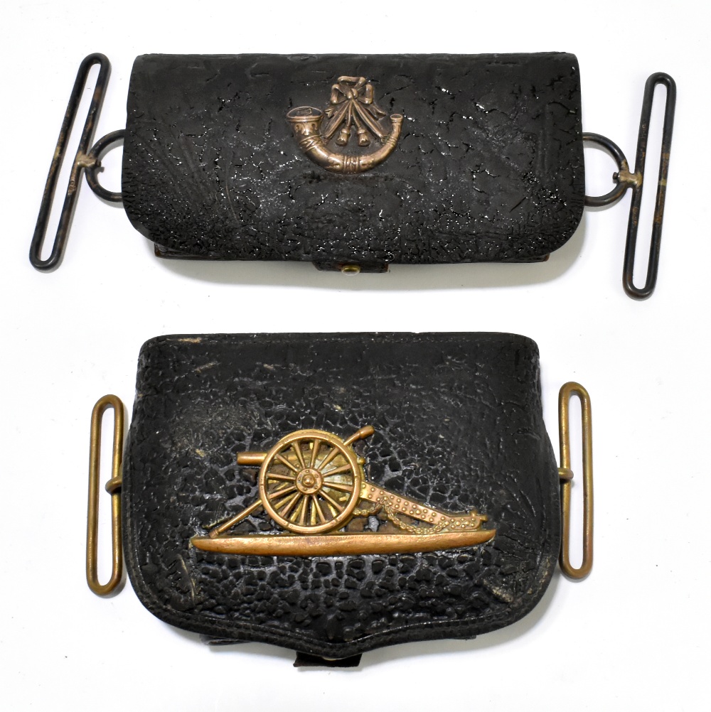 Two 19th century leather dispatch pouches, the first with later applied hallmarked silver Rifles