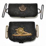 Two 19th century leather dispatch pouches, the first with later applied hallmarked silver Rifles